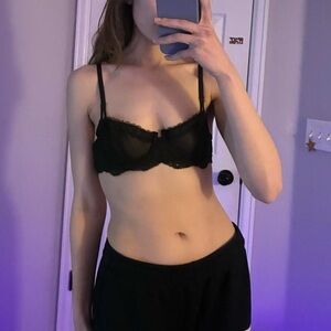 Victoria’s Secret black polka dot mesh bra with lace trim